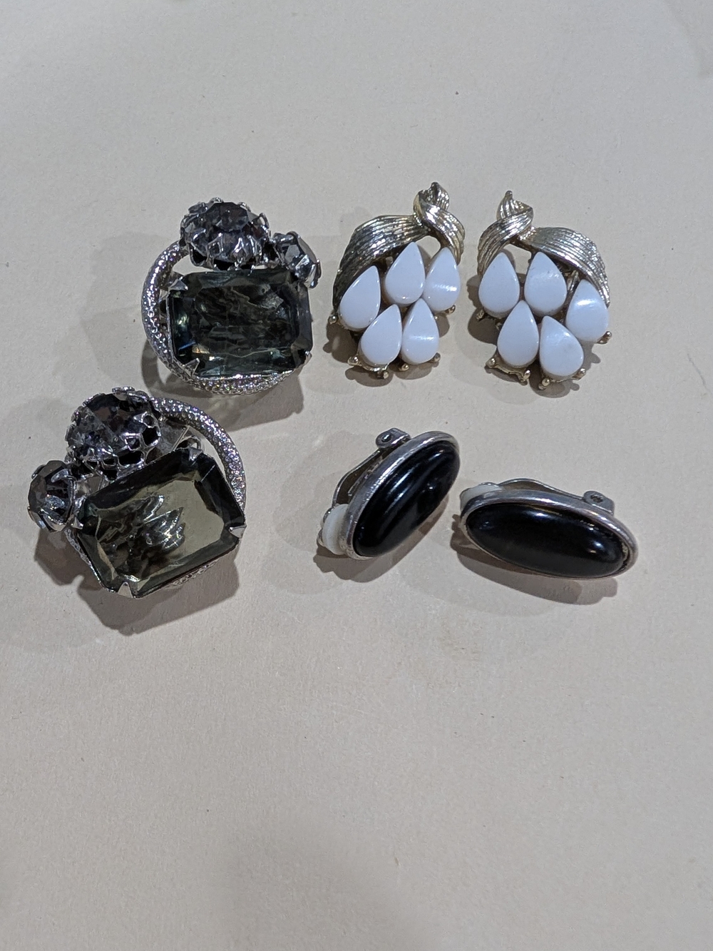 Vintage 1950s-60s Clip-On Earring Lot | Statement Rhinestone Milk Glass Black |